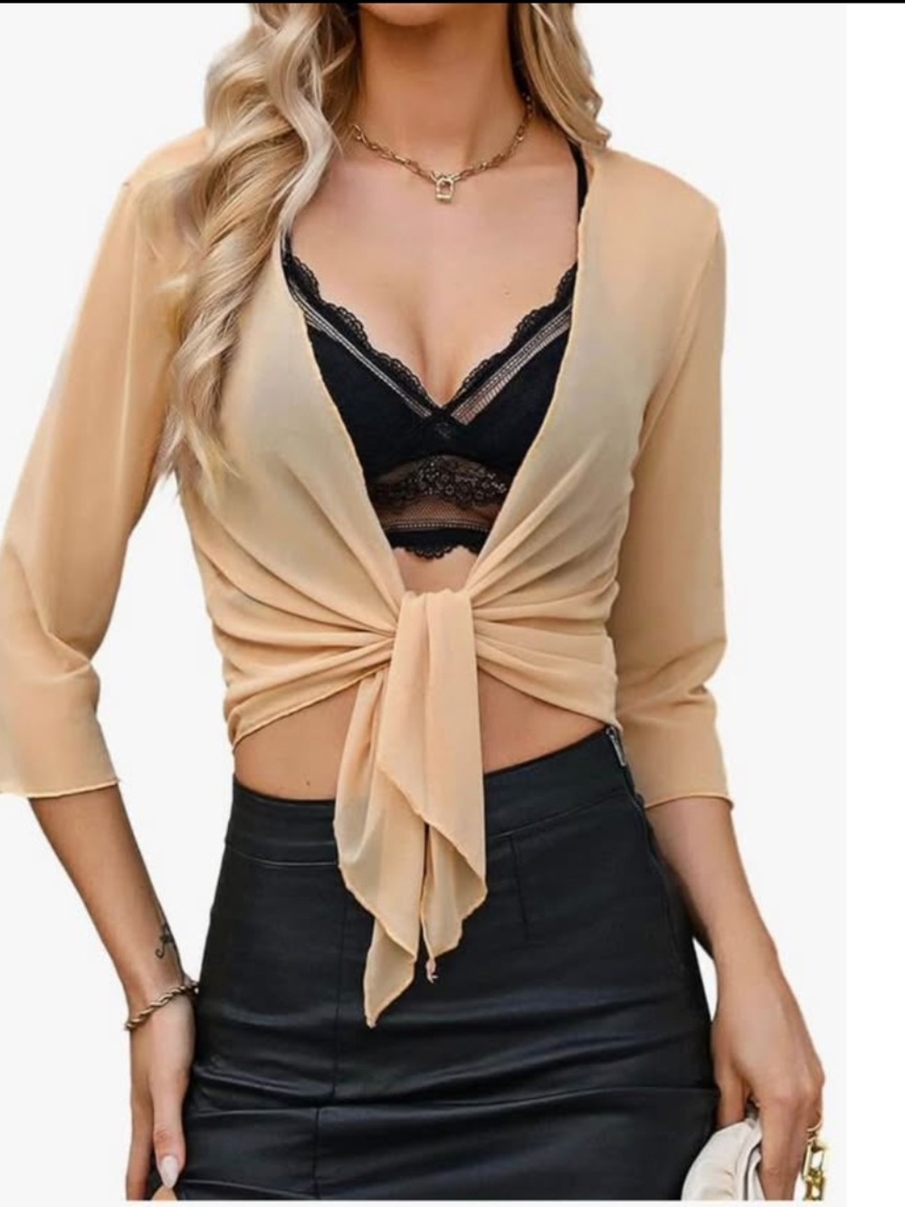 Camel Tie-Front Sheer Women’s Top